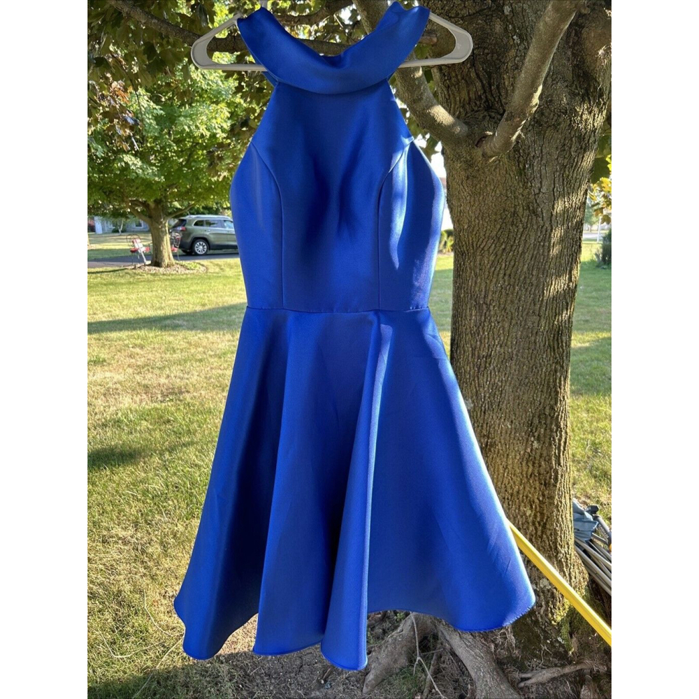 Alyce Paris Fit & Flare Mini Blue Dress Party Halter Pockets SZ 4 Worn 1x